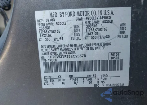 2003 Ford F-350 Lariat/Xl/Xlt из США, поврежденный, VIN 1FTSW31P33EC23578